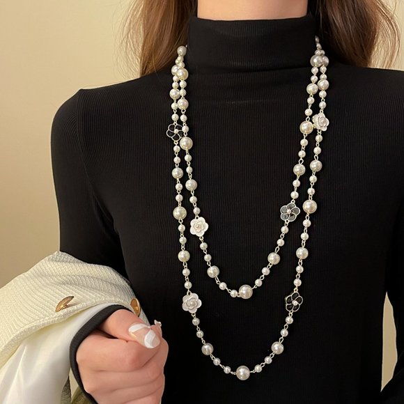 GOLICC Jewelry - GOLICC Double Layer Long Flower Pearl Necklace